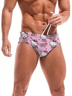 Sanrio Hello Kitty Men’s Swimsuit Brief Cartoon Print Beach Pool Wear M NEW